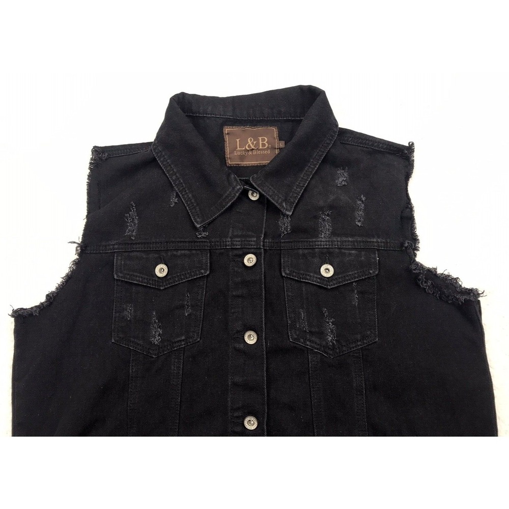 Lucky & Blessed Western Vest MEDIUM Black Denim Southwest Navajo Serape Distress - Picture 3 of 13
